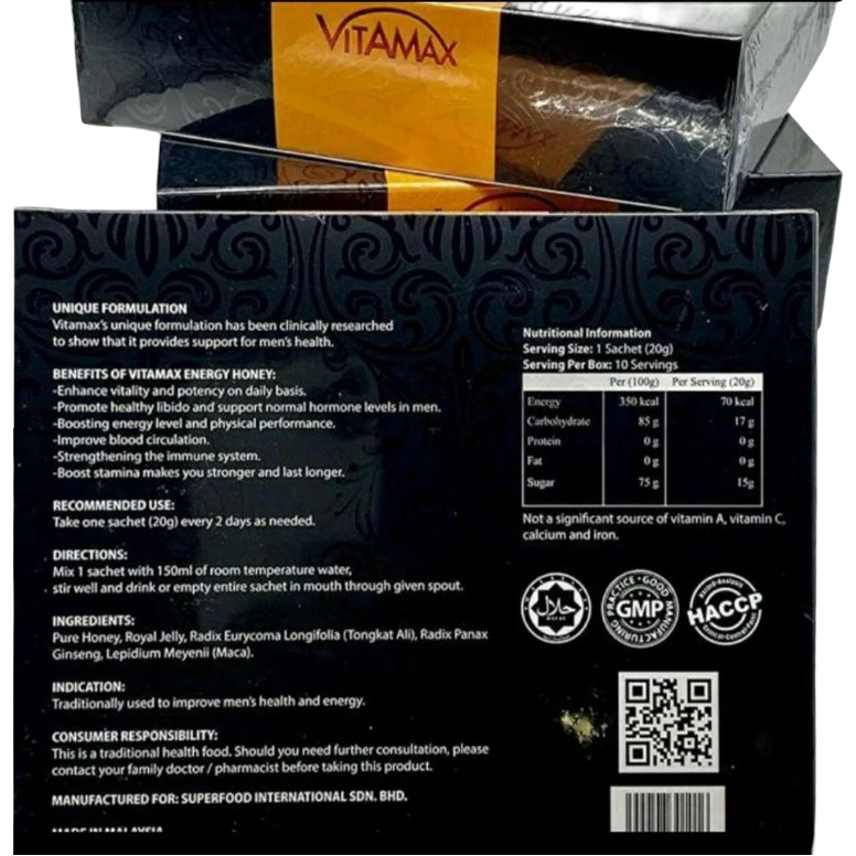 Vitamax Herbal Honey Sachet – Natural Honey Blend with Herbal Extracts (10 x 20g)